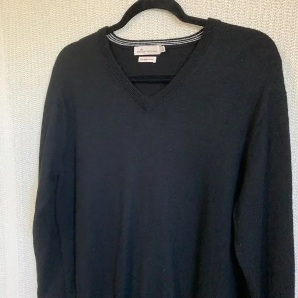 Peter Millar Men's Sweater Large Black Merino Wool Knit Long Sleeve V-Neck